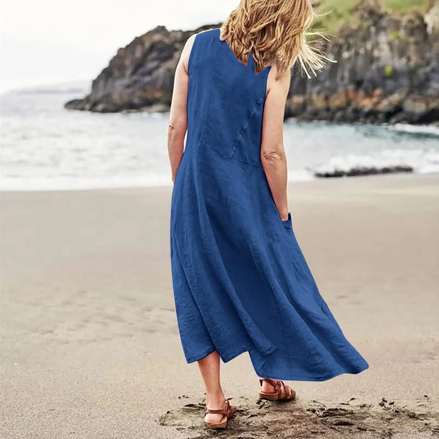 Women Linen Dresses Summer Sleeveless Maxi Dress Cute Hawaiian Dresses Plus Size Dress Long with Pockects