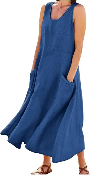 Women Linen Dresses Summer Sleeveless Maxi Dress Cute Hawaiian Dresses Plus Size Dress Long with Pockects