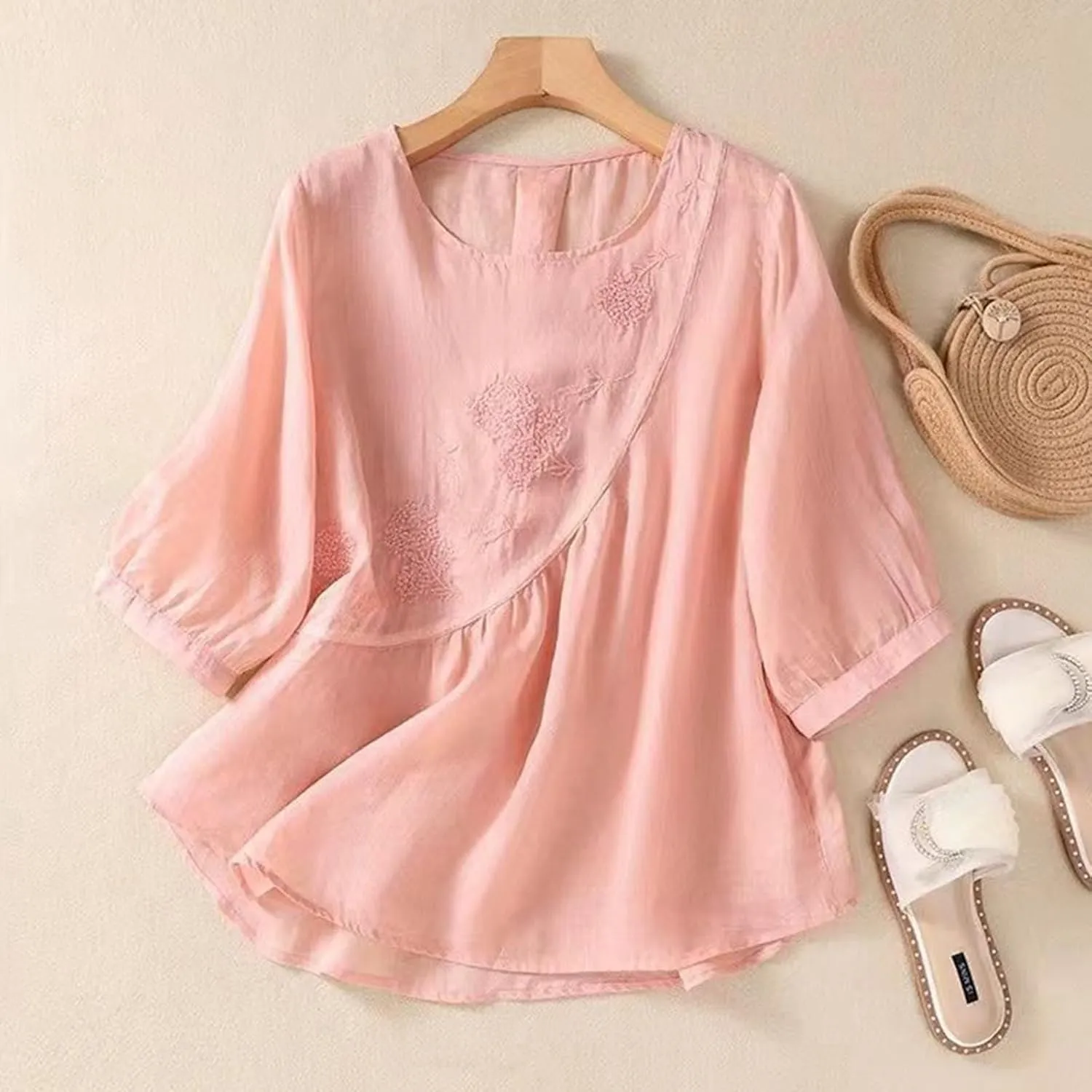 Women Linen Shirts Summer Cotton Linen Buttons Long Sleeve T-Shirt Casual Loose Fit Henley Crew Neck Tee Top