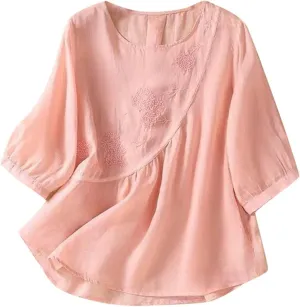 Women Linen Shirts Summer Cotton Linen Buttons Long Sleeve T-Shirt Casual Loose Fit Henley Crew Neck Tee Top