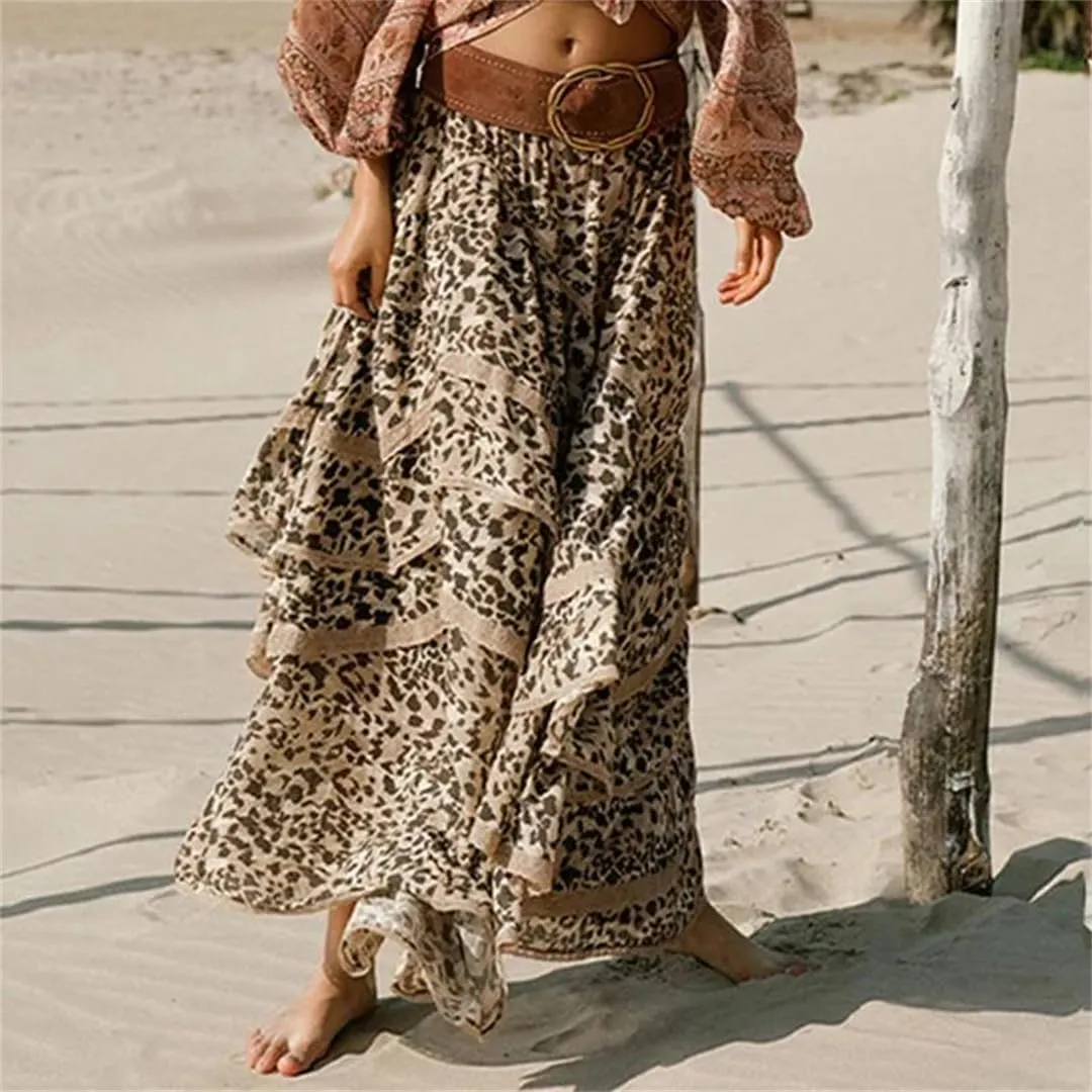 Women Low Waist Ruffled Printing Maxi Skirts Spliced Irregular Length Vacation Bottoms Beach Skirt
