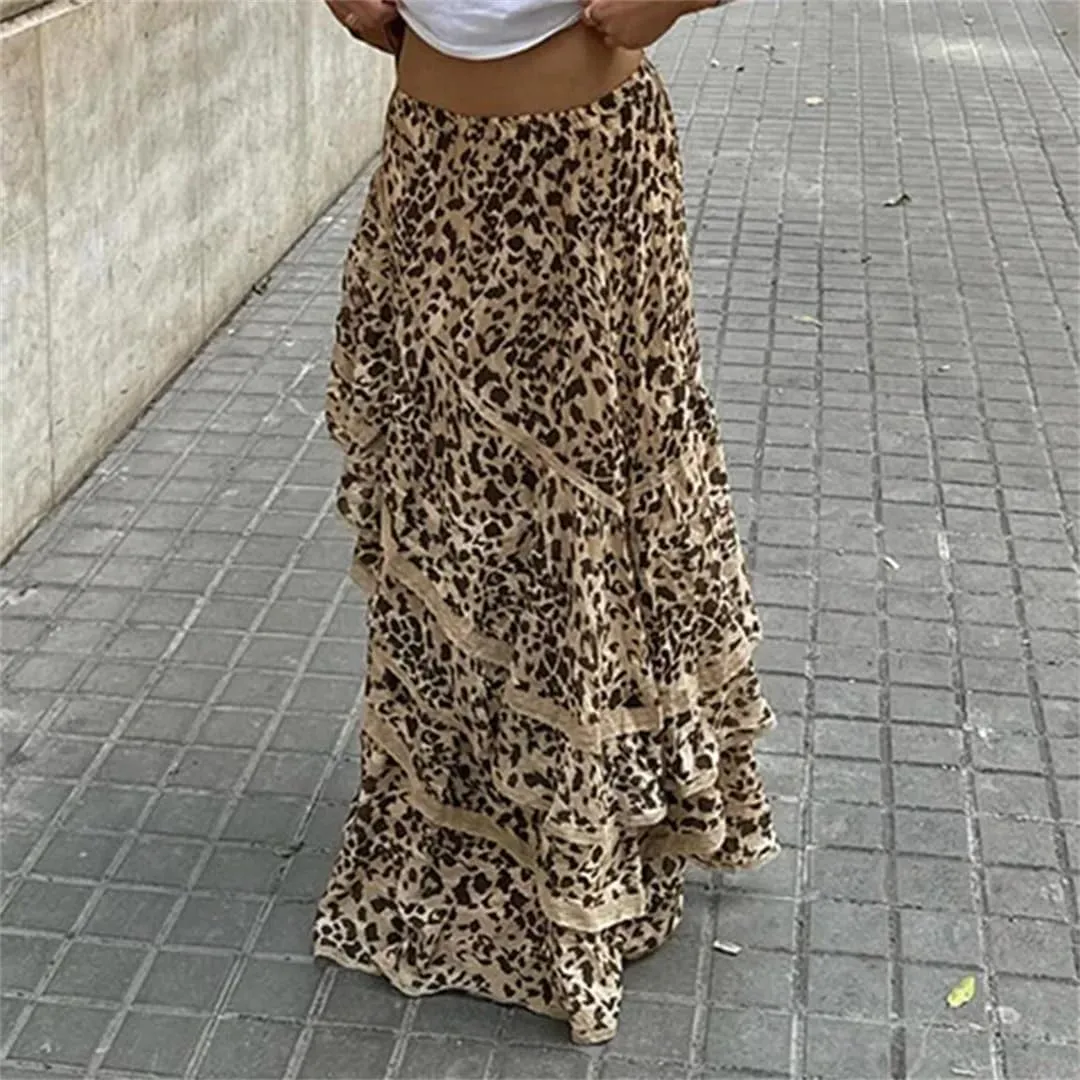 Women Low Waist Ruffled Printing Maxi Skirts Spliced Irregular Length Vacation Bottoms Beach Skirt