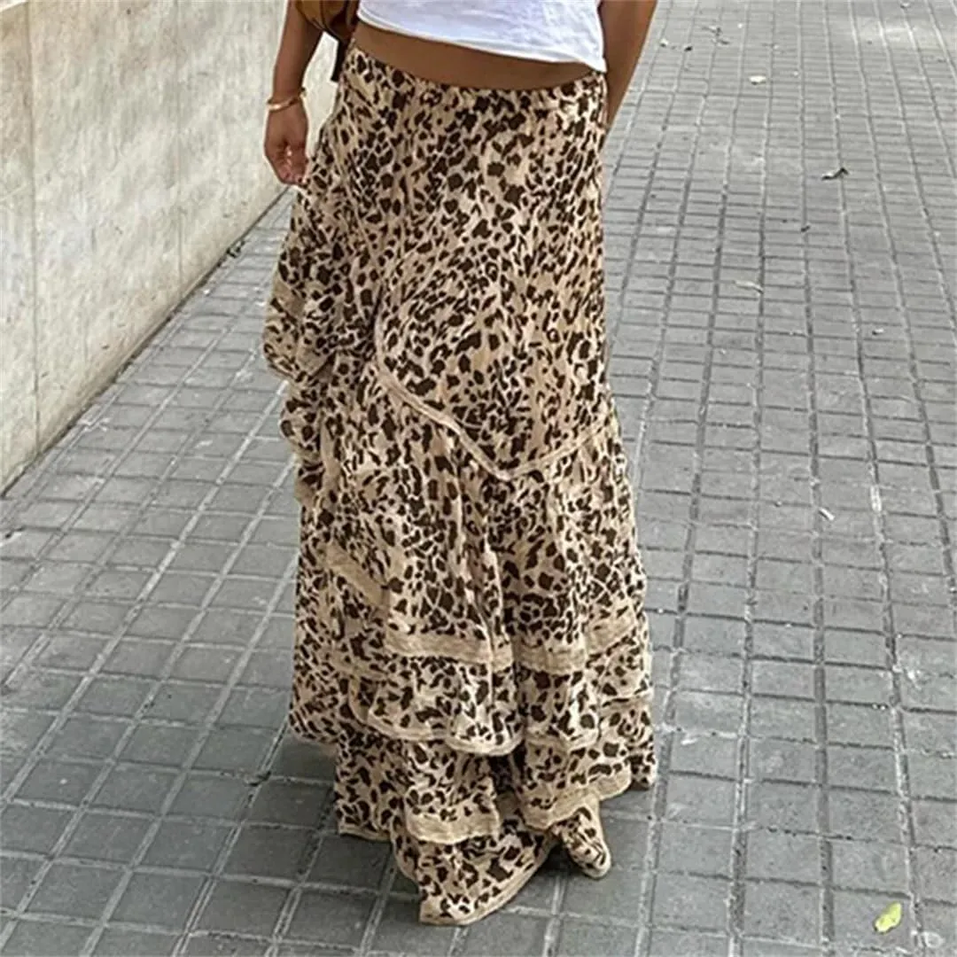 Women Low Waist Ruffled Printing Maxi Skirts Spliced Irregular Length Vacation Bottoms Beach Skirt