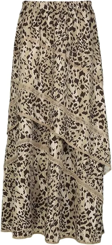 Women Low Waist Ruffled Printing Maxi Skirts Spliced Irregular Length Vacation Bottoms Beach Skirt