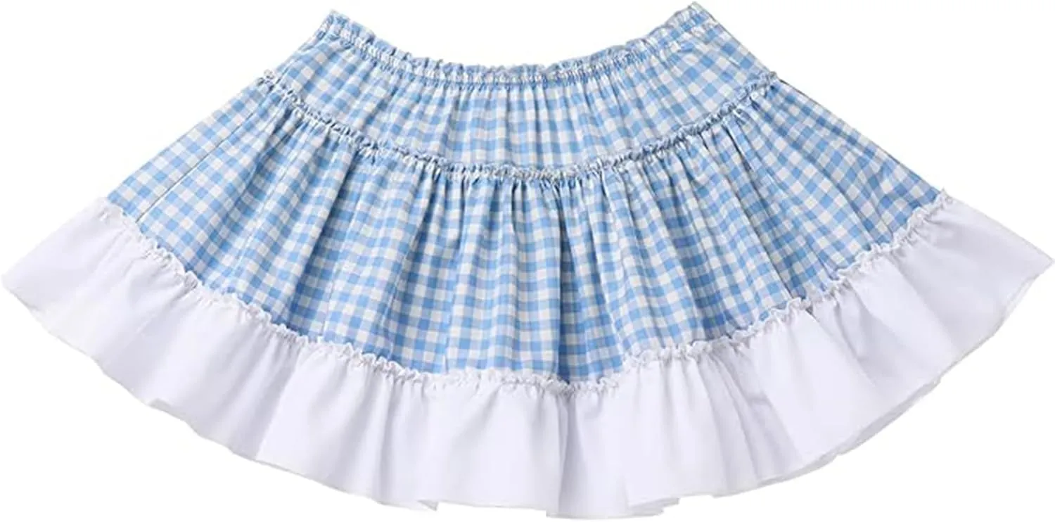 Women Men Sissy Plaid Mini Skirts Pleated Lace A Line Ruffle Short Skirts Gingham Halloween Cosplay Costume Skirts