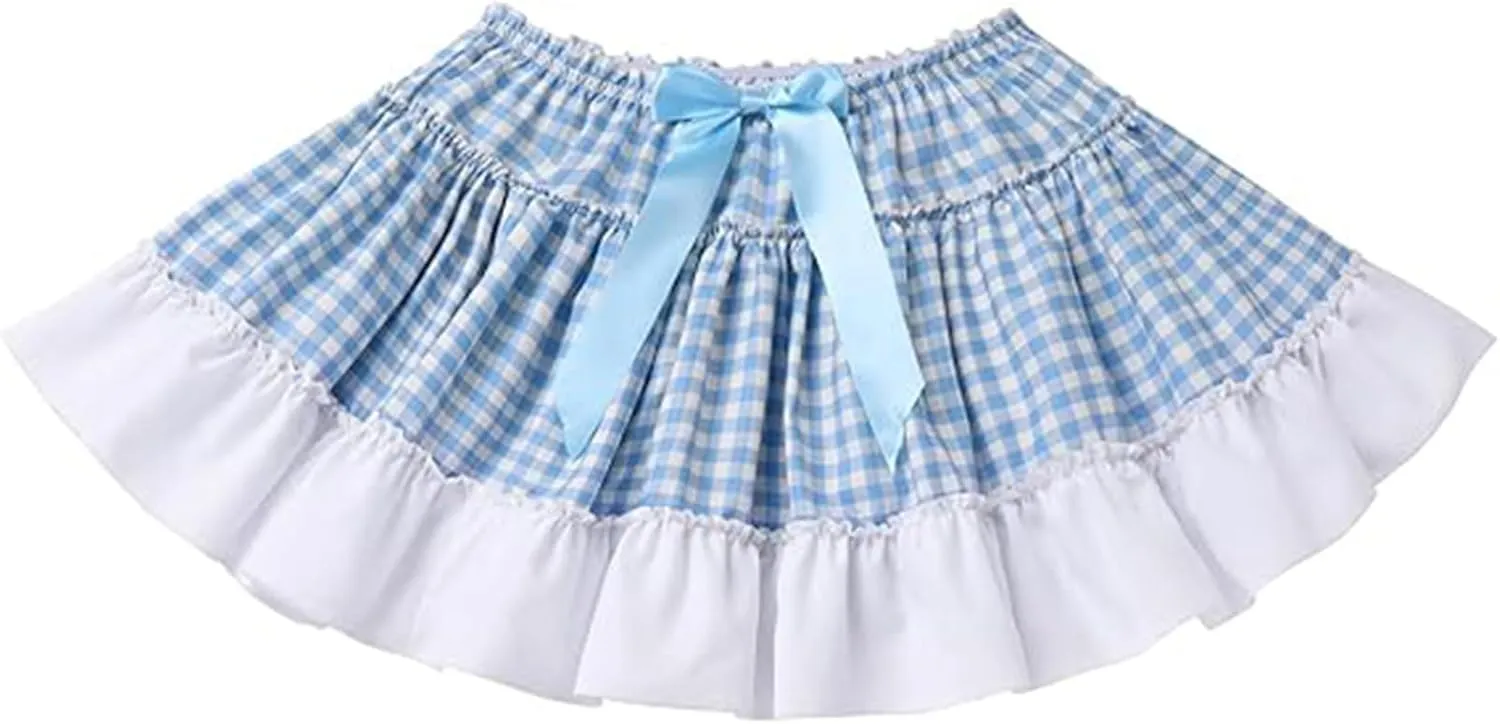 Women Men Sissy Plaid Mini Skirts Pleated Lace A Line Ruffle Short Skirts Gingham Halloween Cosplay Costume Skirts