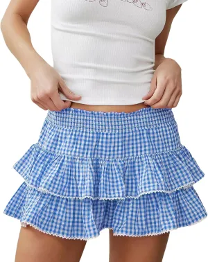 Women Men's Sissy Mini Skirt Y2k Gingham Plaid Lace Trim Pleated Short Skirt Ruffle Tiered Anime Skirts Halloween Cosplay