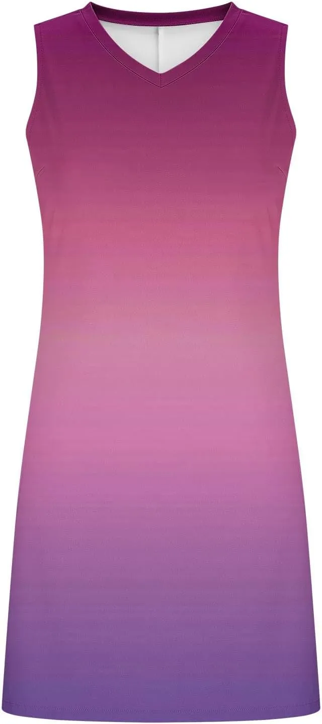 Women Mini Dresses Gradient Slit Side Colorblock Sleeveless V Neck Slim Beach Tank Dress Summer Casual Sundress