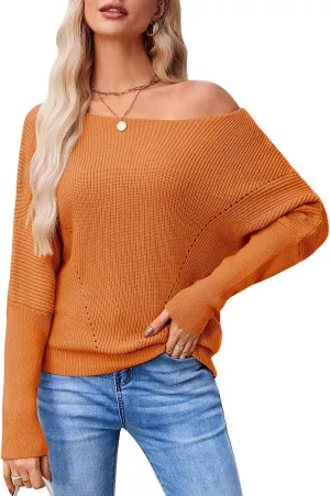 Women Off The Shoulder Sweater Batwing Long Sleeve Loose Fit Knit Pullover Tops Casual Fall Jumper Tops 2024
