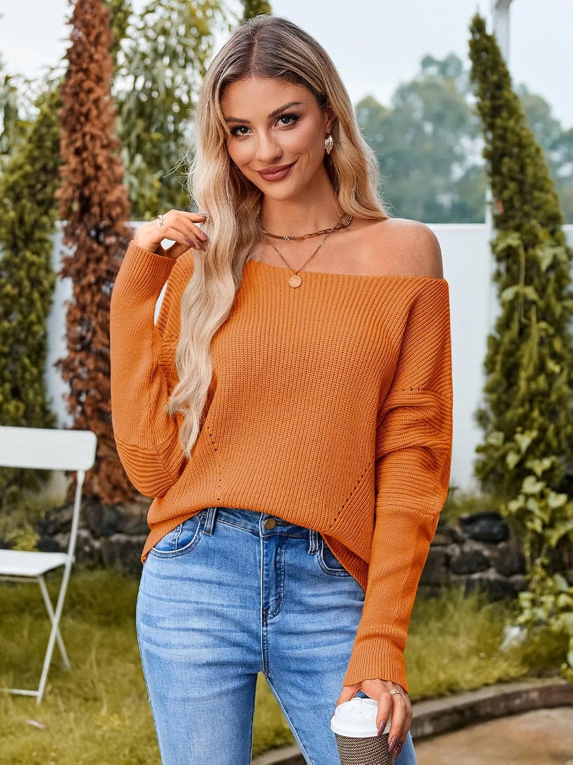 Women Off The Shoulder Sweater Batwing Long Sleeve Loose Fit Knit Pullover Tops Casual Fall Jumper Tops 2024