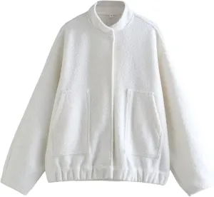 Women Oversized Long Sleeve Shacket Jackets Wool Blend Coat Button Down Outerwear Bomber Jackets