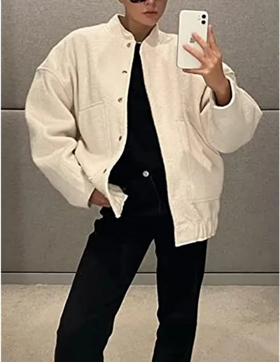Women Oversized Long Sleeve Shacket Jackets Wool Blend Coat Button Down Outerwear Bomber Jackets