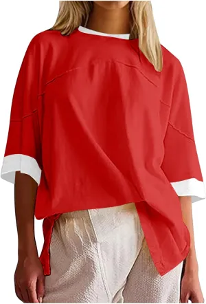 Women Oversized Tops Color Block Short Sleeve Crew Neck T Shirt Patchwork Split Hem Casual Loose Summer Tee Top