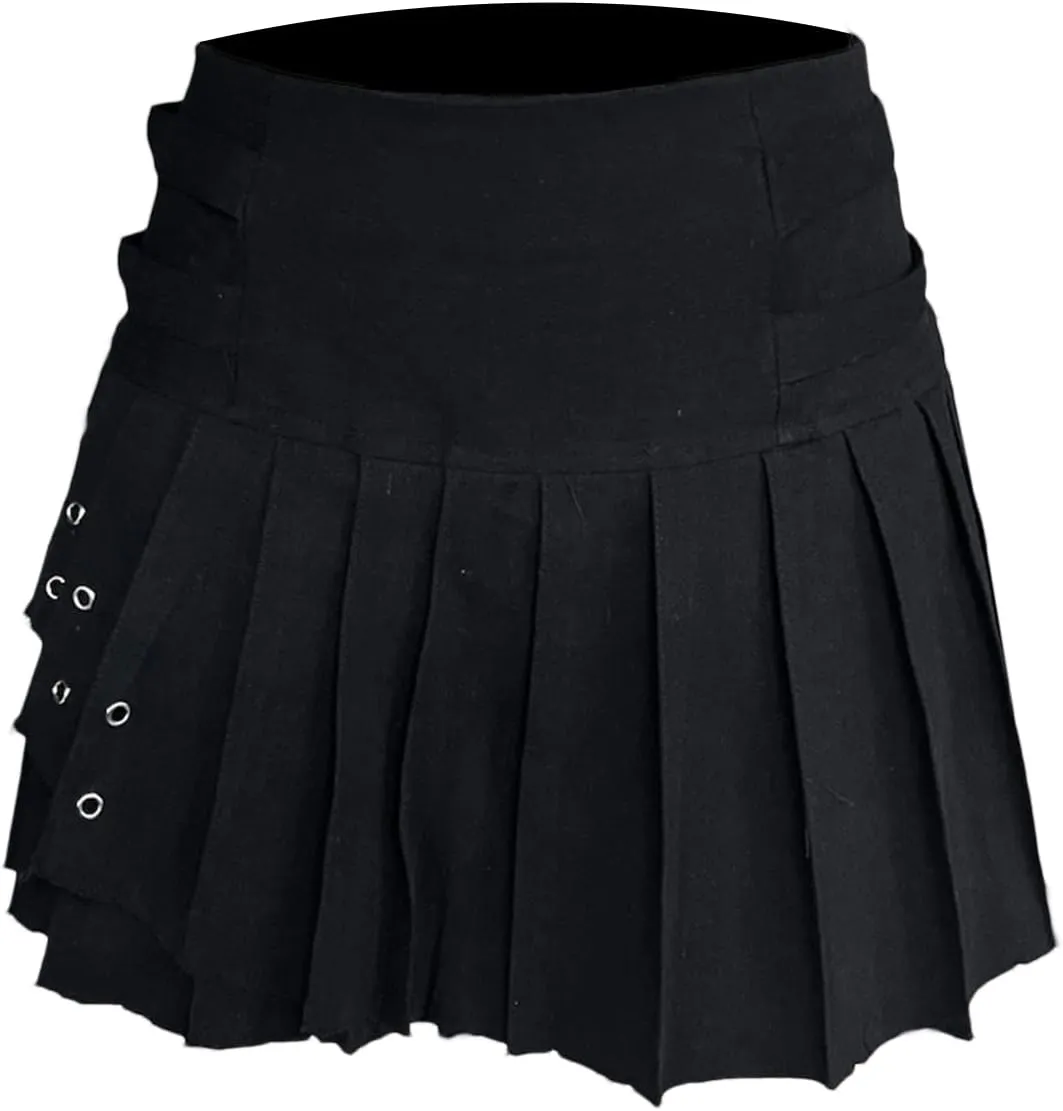 Women Pleated Skirt Low Waist Skull Mini Bottoms Denim Skirt for Street Party Club