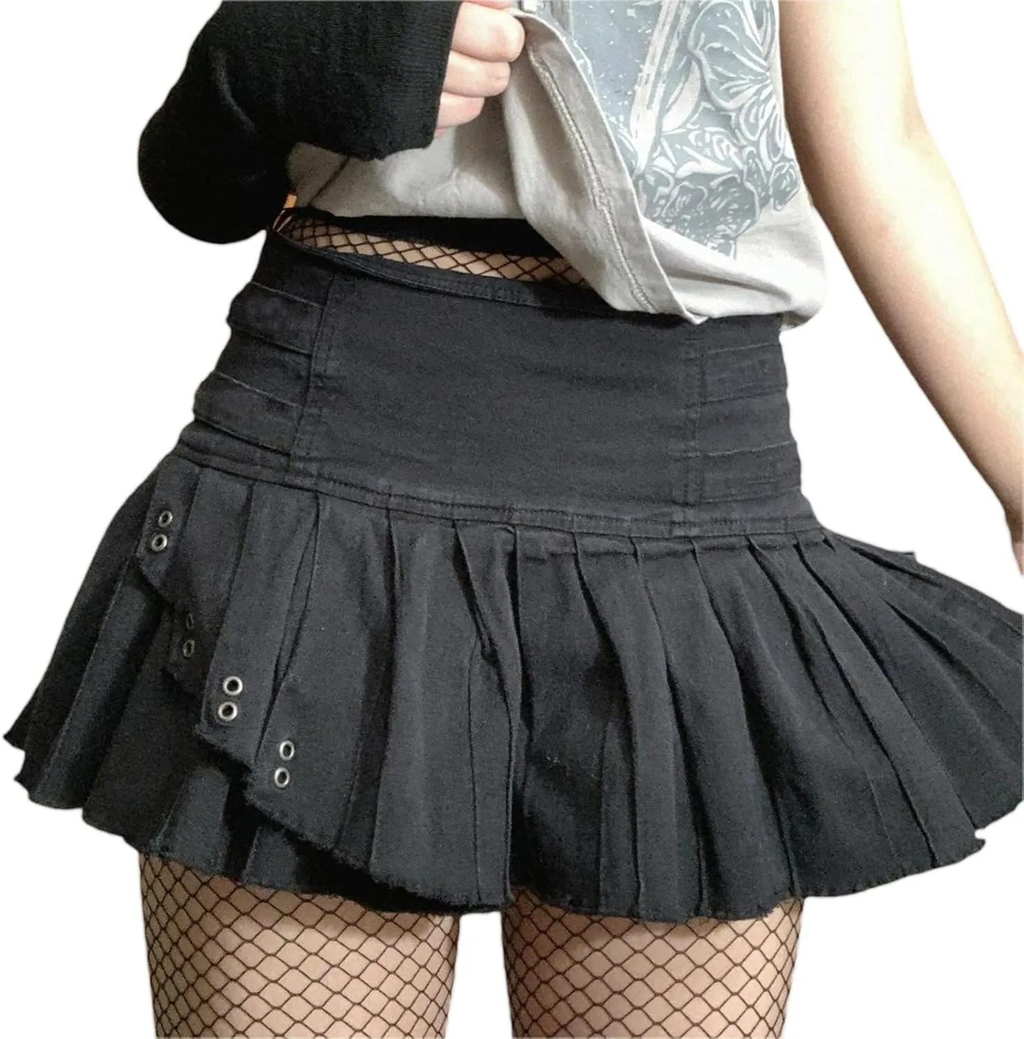Women Pleated Skirt Low Waist Skull Mini Bottoms Denim Skirt for Street Party Club