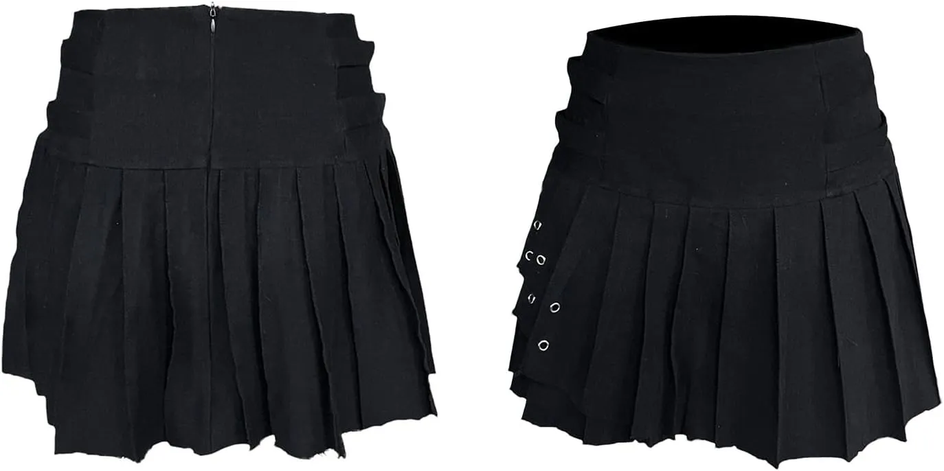 Women Pleated Skirt Low Waist Skull Mini Bottoms Denim Skirt for Street Party Club
