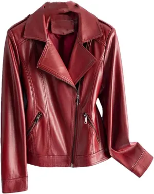 Women Red Split Sheepskin Jackets Zipper Short Full Sleeve Moto Biker Jackets Leather Coats