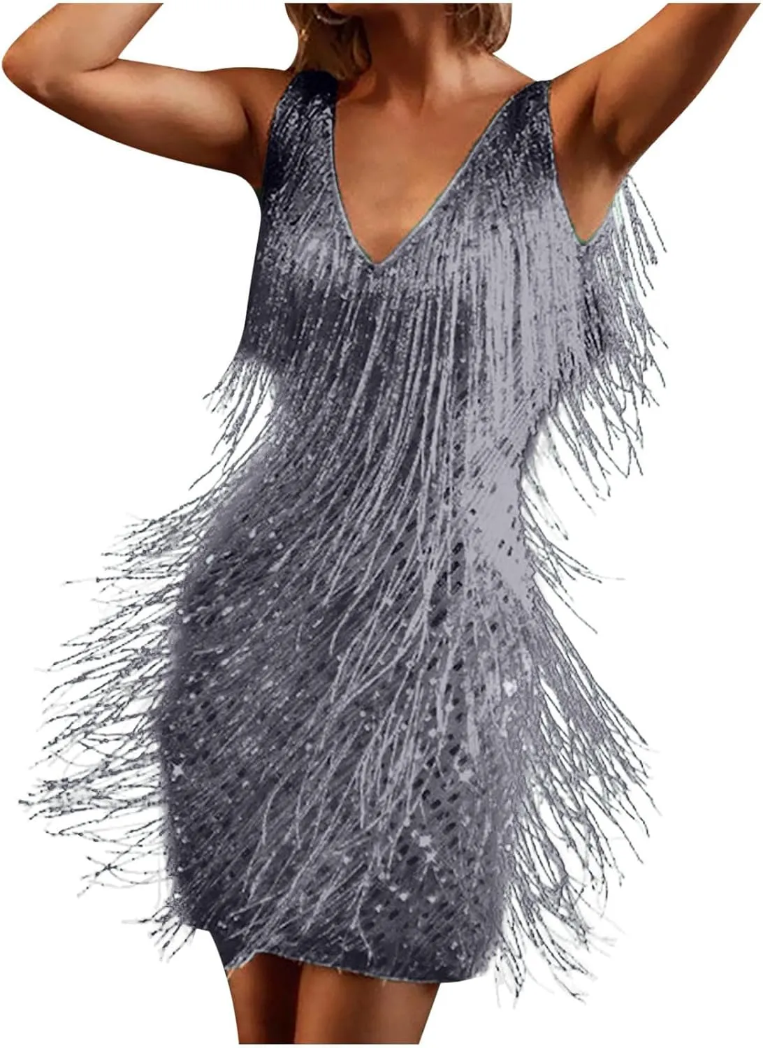 Women Sexy Deep V-Neck Bodycon Dress Summer Layered Fringe Tassel Flapper Dresses Club Party Prom Mini Strap Dress