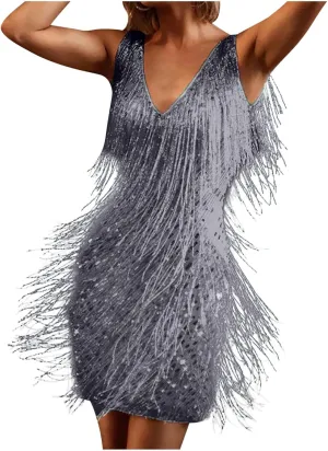 Women Sexy Deep V-Neck Bodycon Dress Summer Layered Fringe Tassel Flapper Dresses Club Party Prom Mini Strap Dress