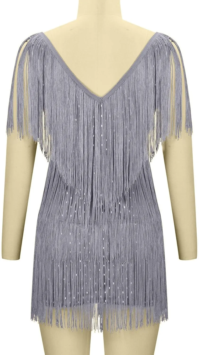 Women Sexy Deep V-Neck Bodycon Dress Summer Layered Fringe Tassel Flapper Dresses Club Party Prom Mini Strap Dress