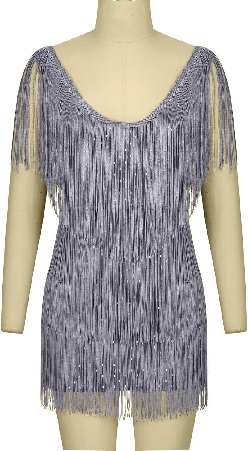 Women Sexy Deep V-Neck Bodycon Dress Summer Layered Fringe Tassel Flapper Dresses Club Party Prom Mini Strap Dress