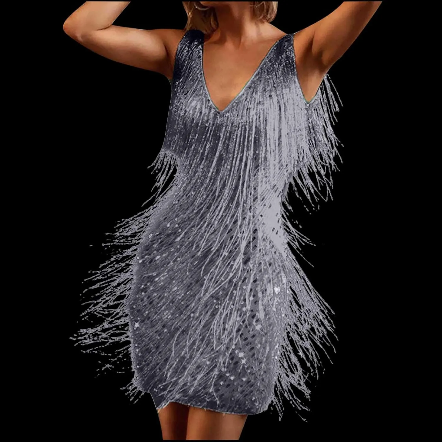 Women Sexy Deep V-Neck Bodycon Dress Summer Layered Fringe Tassel Flapper Dresses Club Party Prom Mini Strap Dress