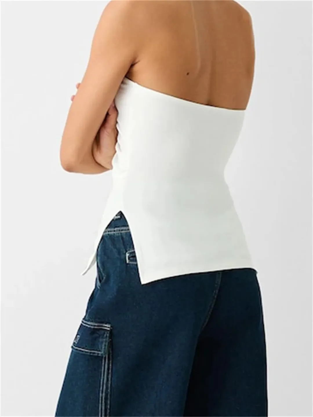 Women Summer Crop Tube Tops Slim Solid Color Side Split Ruched Off Shoulder Backless Sleeveless Tank Bustier