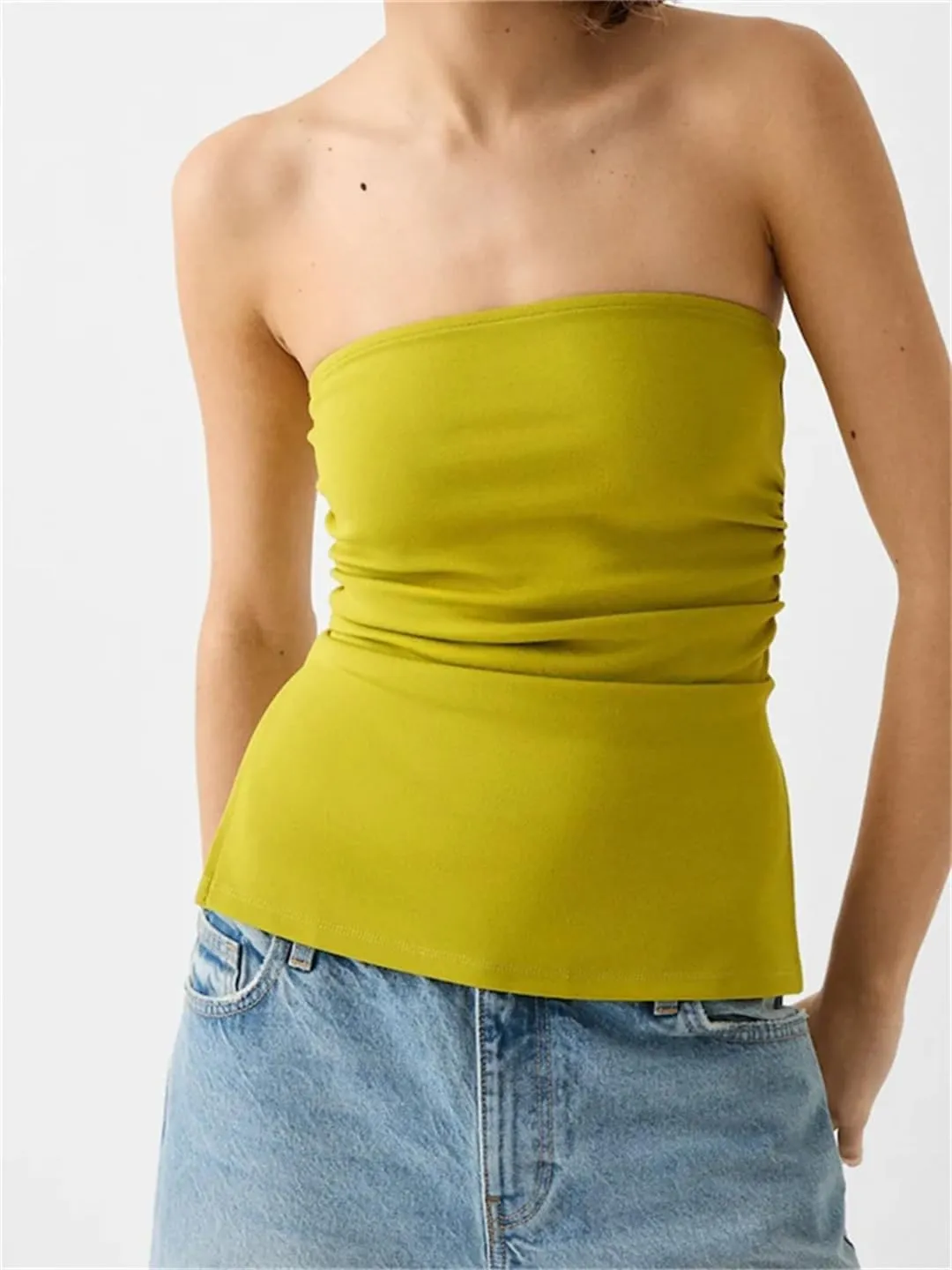 Women Summer Crop Tube Tops Slim Solid Color Side Split Ruched Off Shoulder Backless Sleeveless Tank Bustier