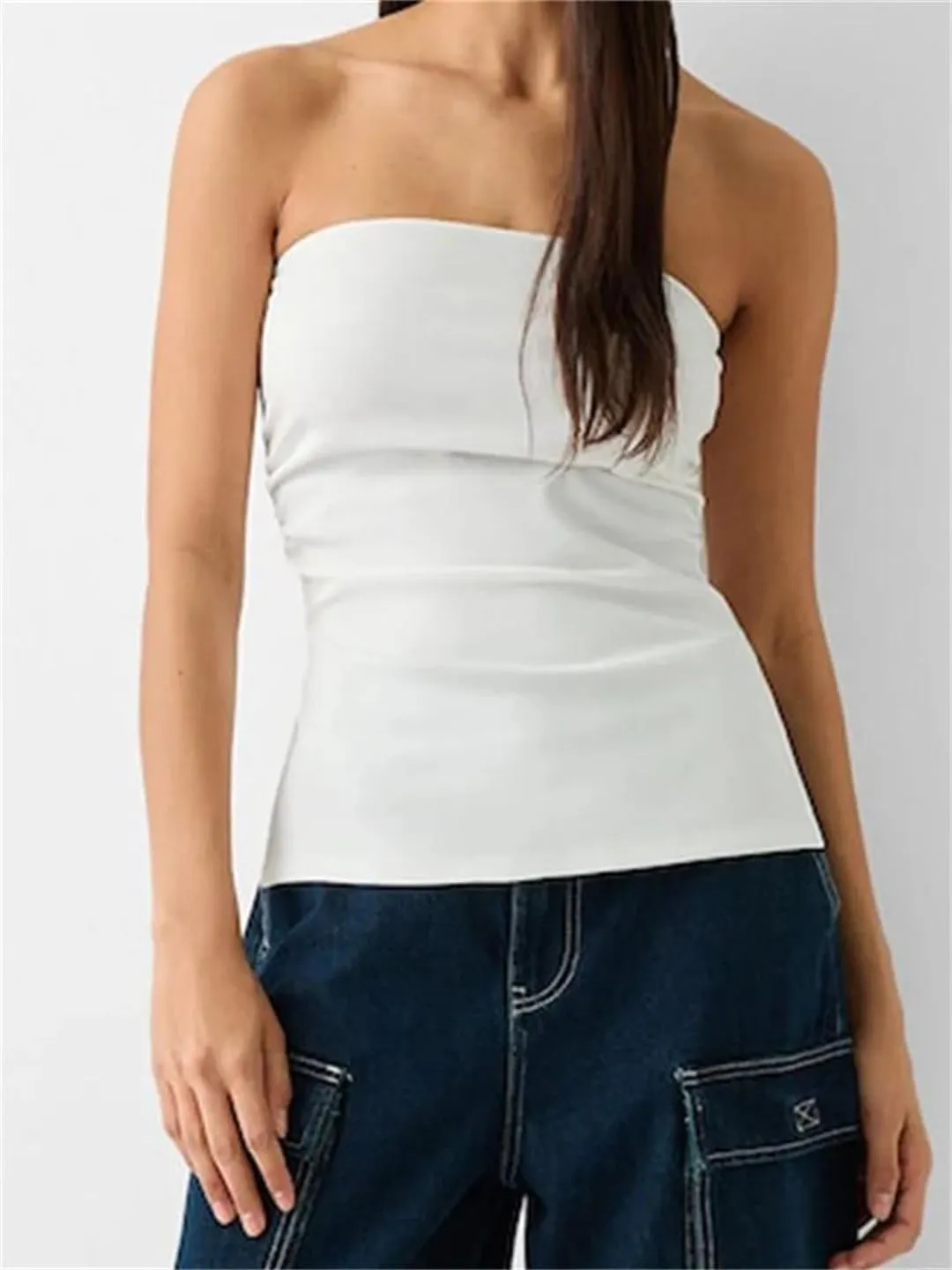 Women Summer Crop Tube Tops Slim Solid Color Side Split Ruched Off Shoulder Backless Sleeveless Tank Bustier