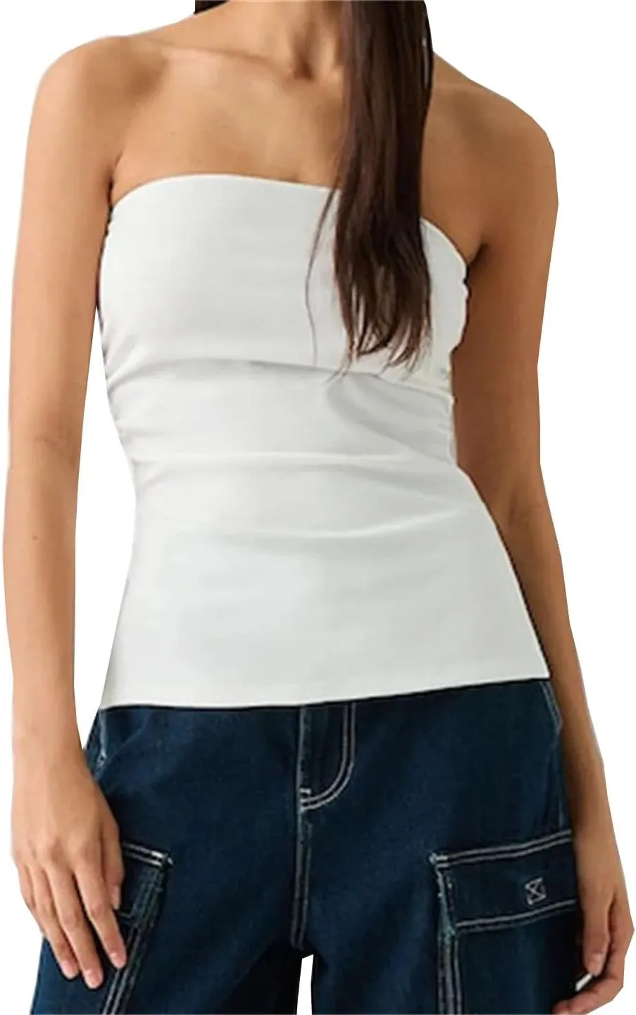 Women Summer Crop Tube Tops Slim Solid Color Side Split Ruched Off Shoulder Backless Sleeveless Tank Bustier
