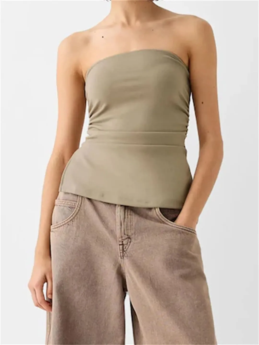 Women Summer Crop Tube Tops Slim Solid Color Side Split Ruched Off Shoulder Backless Sleeveless Tank Bustier