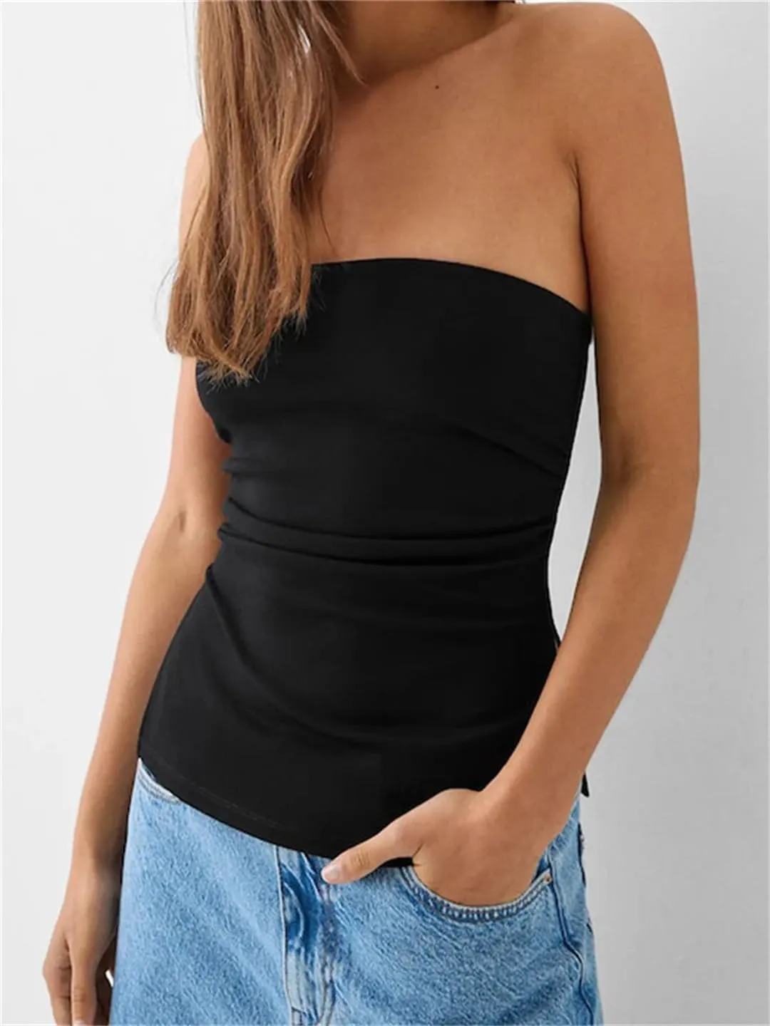 Women Summer Crop Tube Tops Slim Solid Color Side Split Ruched Off Shoulder Backless Sleeveless Tank Bustier