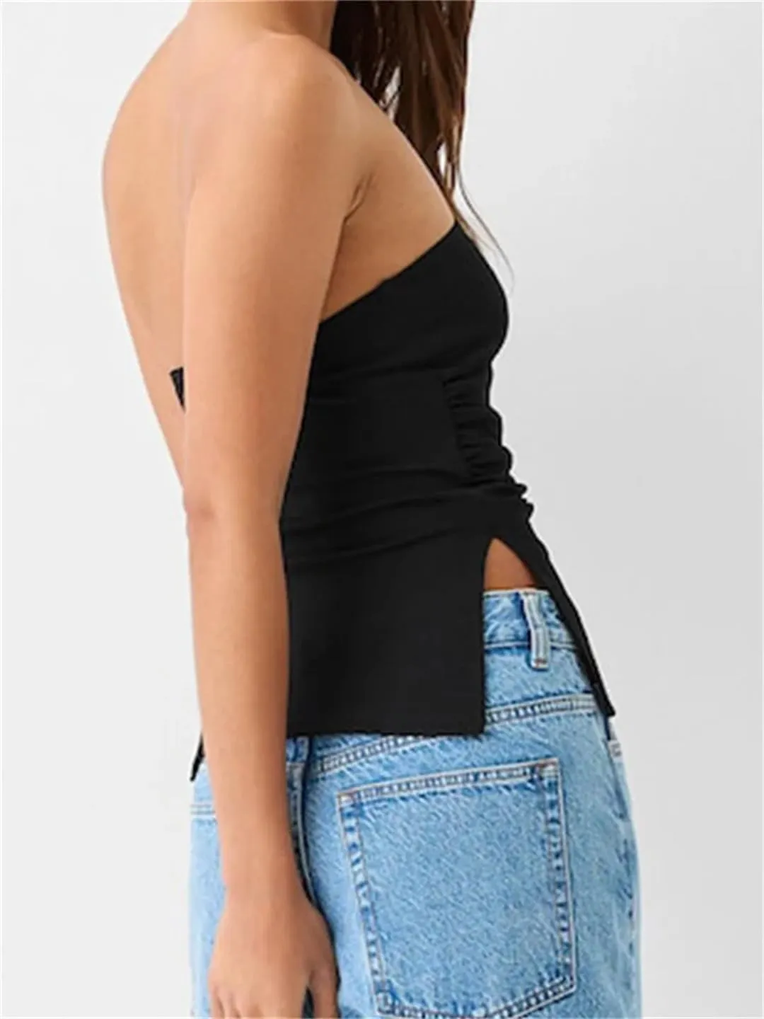 Women Summer Crop Tube Tops Slim Solid Color Side Split Ruched Off Shoulder Backless Sleeveless Tank Bustier