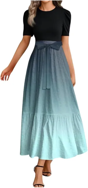 Women Summer Maxi Dresses Short Sleeve Flowy Patchwork Sun Dresses A Line Casual Trendy Beach Long Dress with Belt