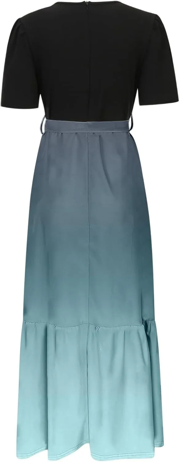 Women Summer Maxi Dresses Short Sleeve Flowy Patchwork Sun Dresses A Line Casual Trendy Beach Long Dress with Belt