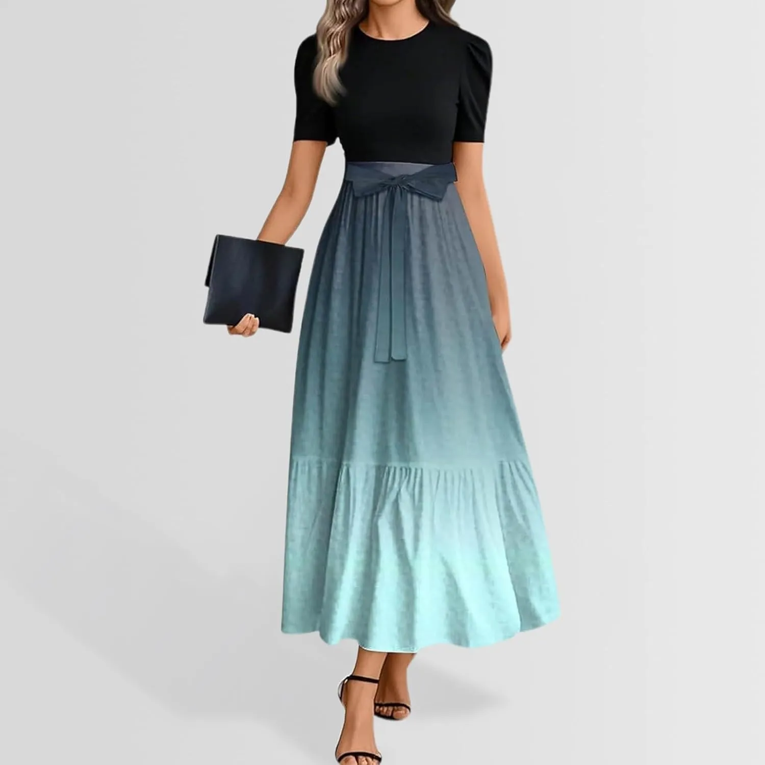 Women Summer Maxi Dresses Short Sleeve Flowy Patchwork Sun Dresses A Line Casual Trendy Beach Long Dress with Belt