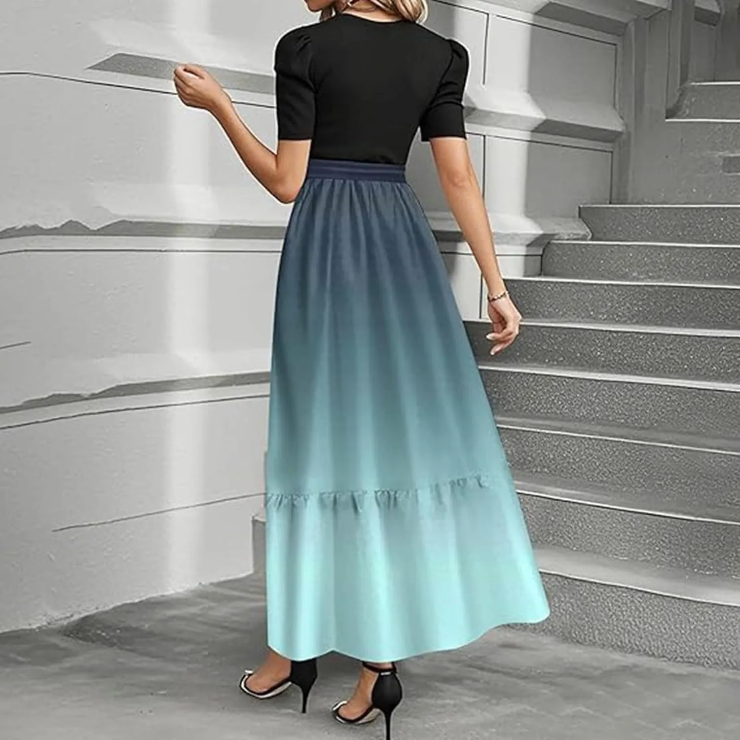 Women Summer Maxi Dresses Short Sleeve Flowy Patchwork Sun Dresses A Line Casual Trendy Beach Long Dress with Belt