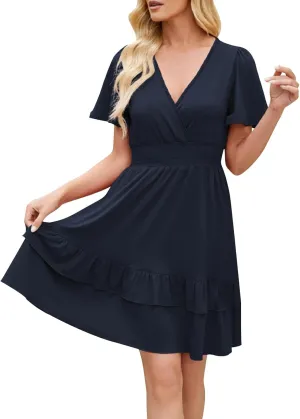 Women Summer Midi Dress Short Sleeve Ruched High Elastic Ruffle Hem Swing Flowy Wrap Dress Elegant Formal Outfit