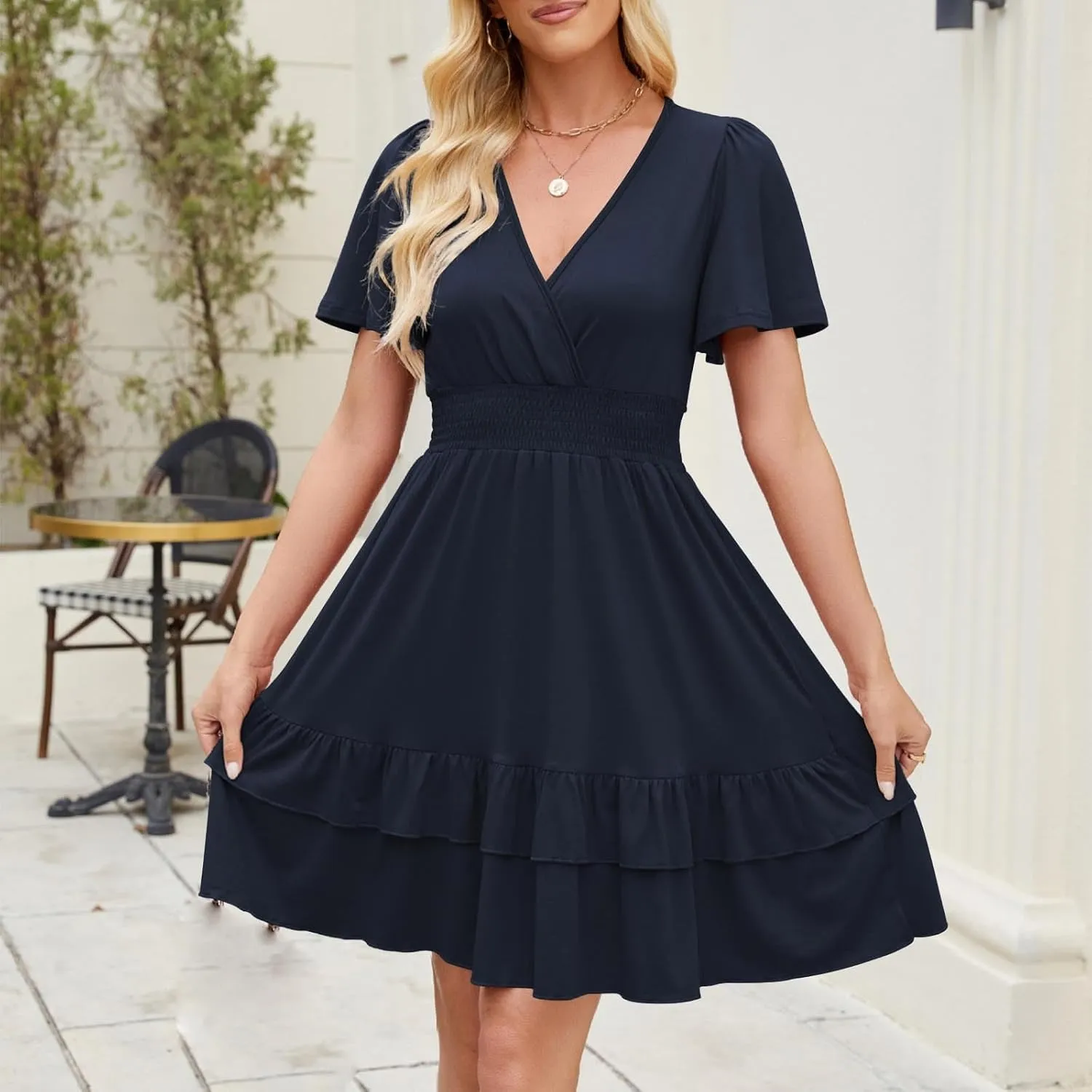 Women Summer Midi Dress Short Sleeve Ruched High Elastic Ruffle Hem Swing Flowy Wrap Dress Elegant Formal Outfit