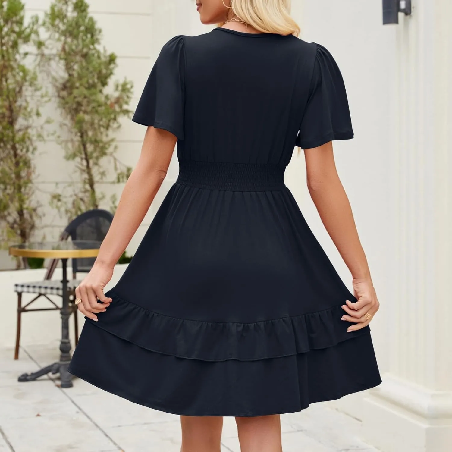 Women Summer Midi Dress Short Sleeve Ruched High Elastic Ruffle Hem Swing Flowy Wrap Dress Elegant Formal Outfit