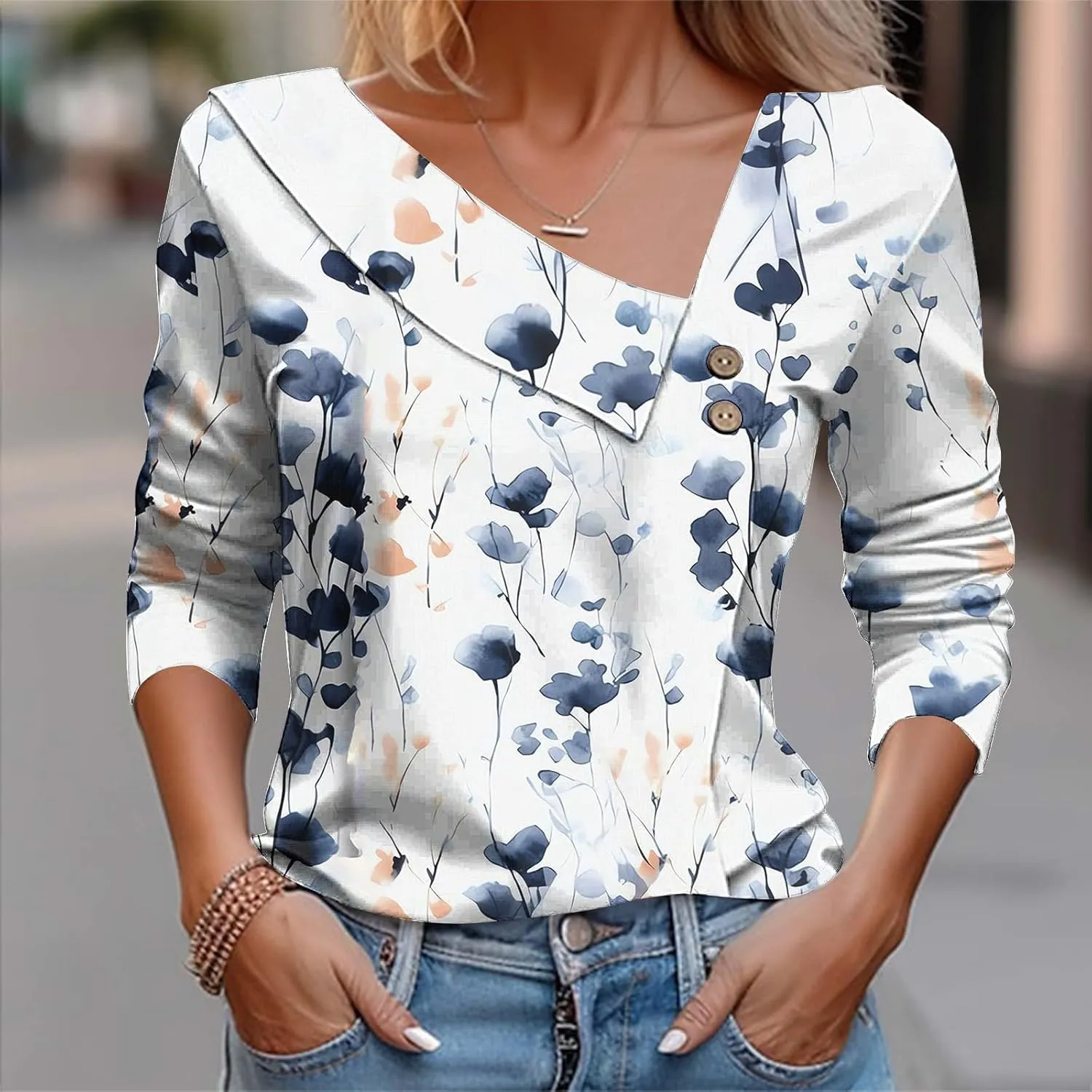 Women Tops Spring 2025 Casual Long Sleeve Loose Shirts Plaid Print Tees Asymmetric Button V Neck Blouses Dressy Tunic