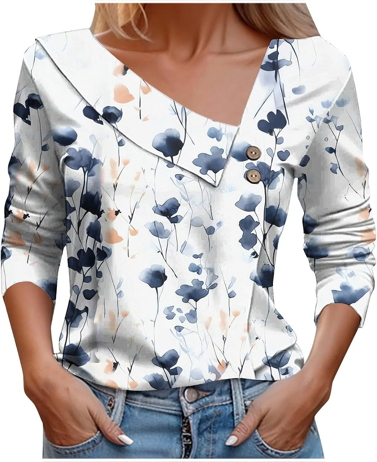 Women Tops Spring 2025 Casual Long Sleeve Loose Shirts Plaid Print Tees Asymmetric Button V Neck Blouses Dressy Tunic