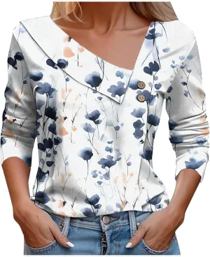 Women Tops Spring 2025 Casual Long Sleeve Loose Shirts Plaid Print Tees Asymmetric Button V Neck Blouses Dressy Tunic