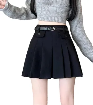 Women Vintage Pleated Mini Skirts Korean Style High Waist with Belt Skirts Casual Slim Holiday Skirts