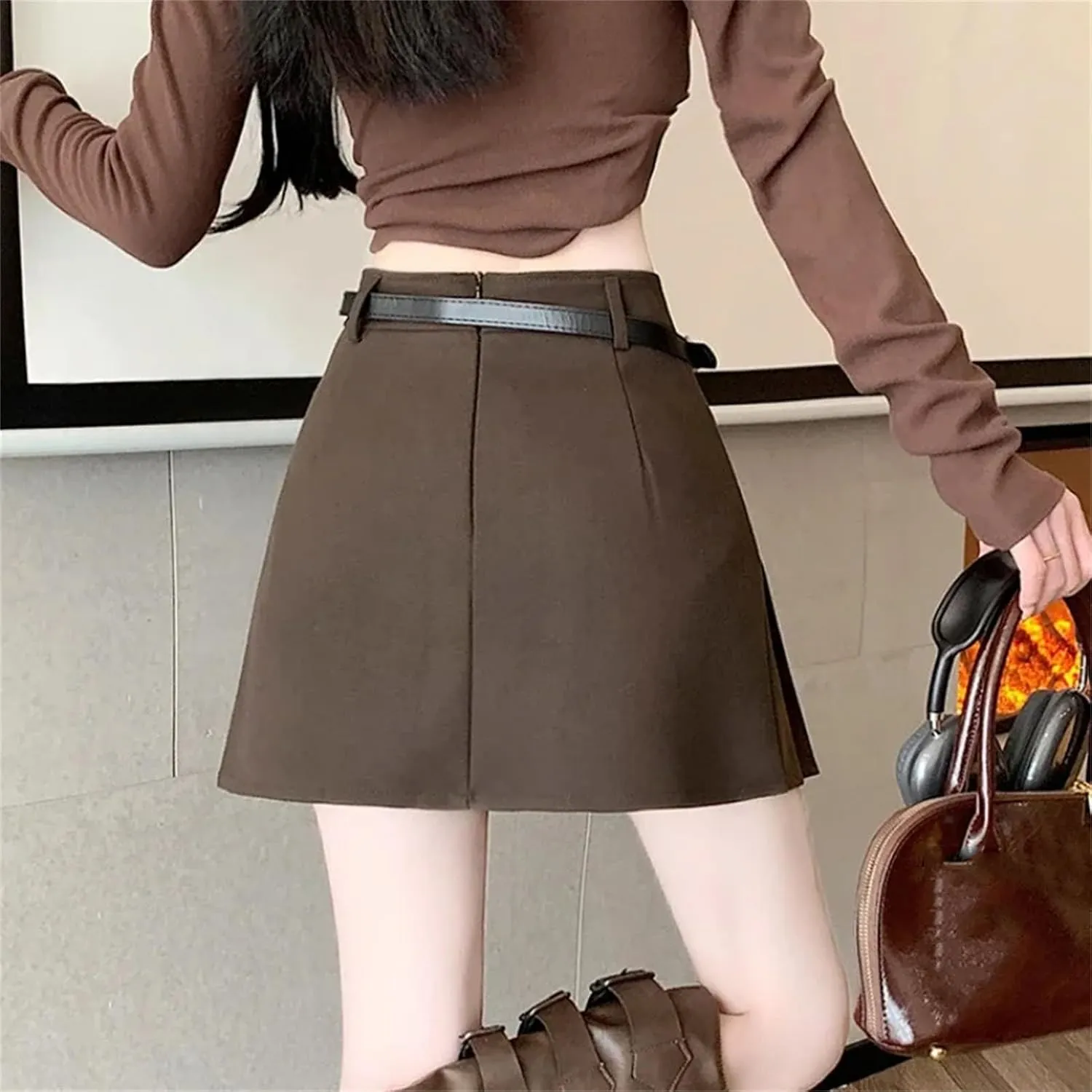 Women Vintage Pleated Mini Skirts Korean Style High Waist with Belt Skirts Casual Slim Holiday Skirts