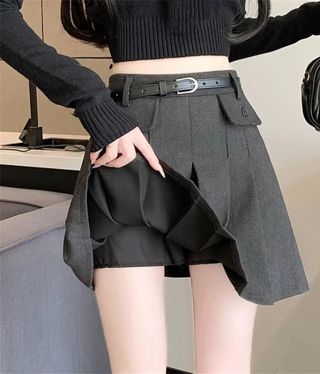 Women Vintage Pleated Mini Skirts Korean Style High Waist with Belt Skirts Casual Slim Holiday Skirts