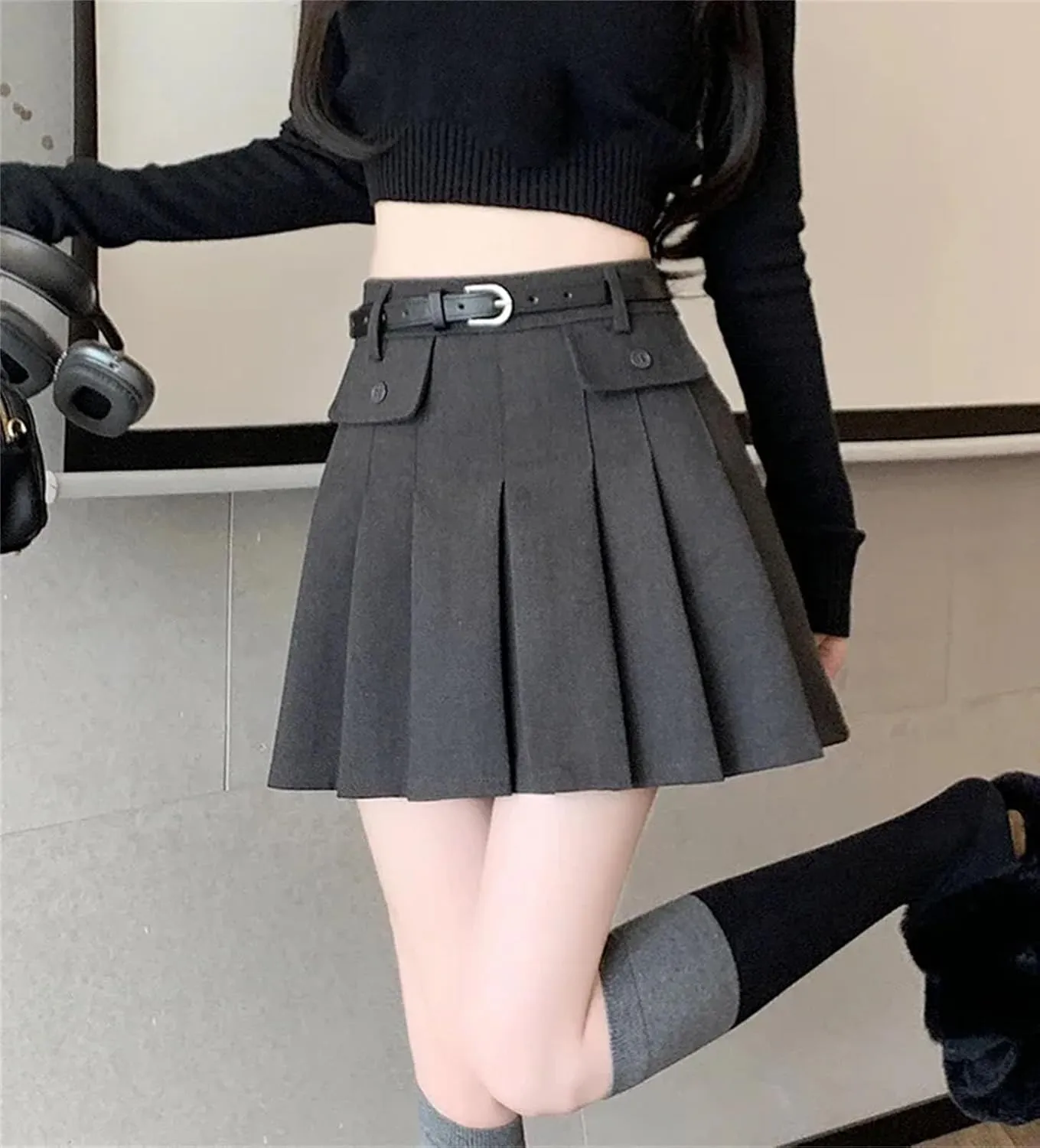Women Vintage Pleated Mini Skirts Korean Style High Waist with Belt Skirts Casual Slim Holiday Skirts
