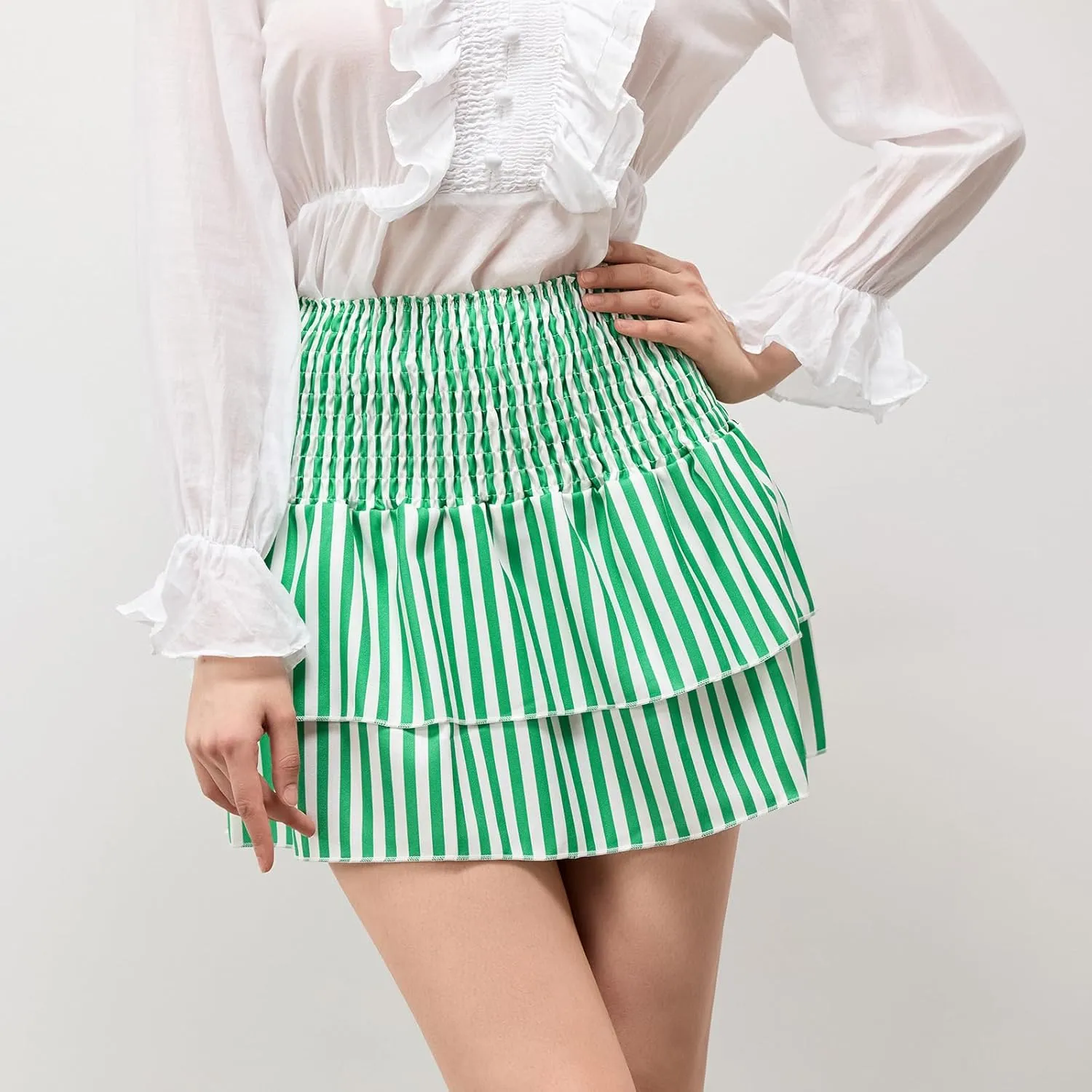 Women Y2K Floral Mini Skirts Lace Low Waist Pleated Ruffled Hem Layered Skirts Striped Beach Ruffle Short Skirts
