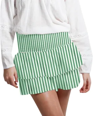 Women Y2K Floral Mini Skirts Lace Low Waist Pleated Ruffled Hem Layered Skirts Striped Beach Ruffle Short Skirts
