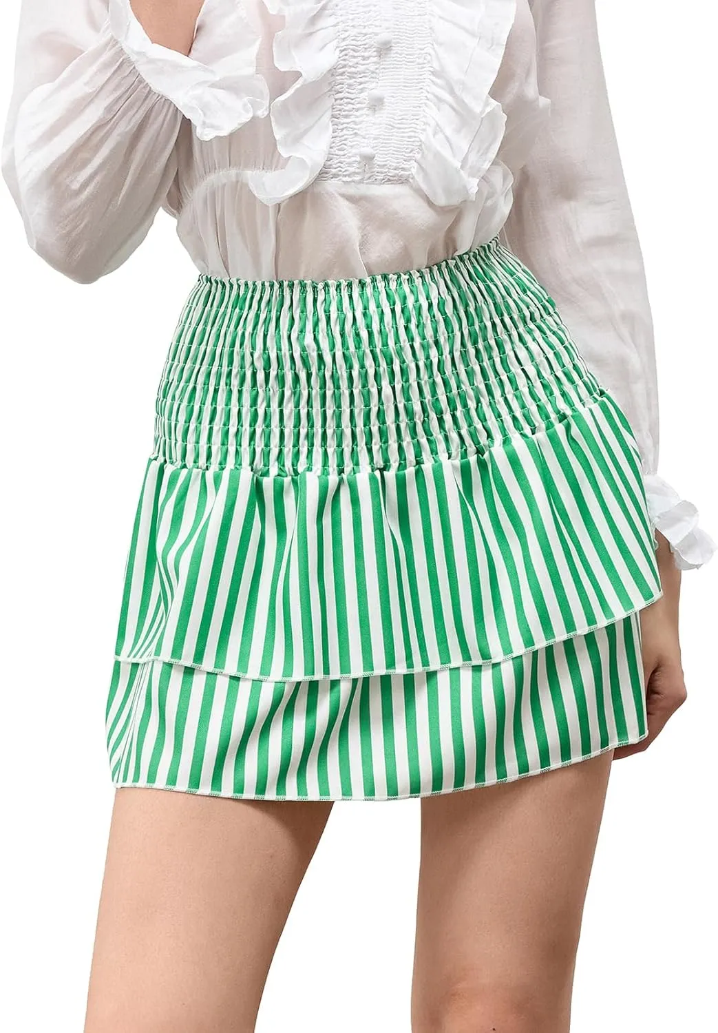 Women Y2K Floral Mini Skirts Lace Low Waist Pleated Ruffled Hem Layered Skirts Striped Beach Ruffle Short Skirts